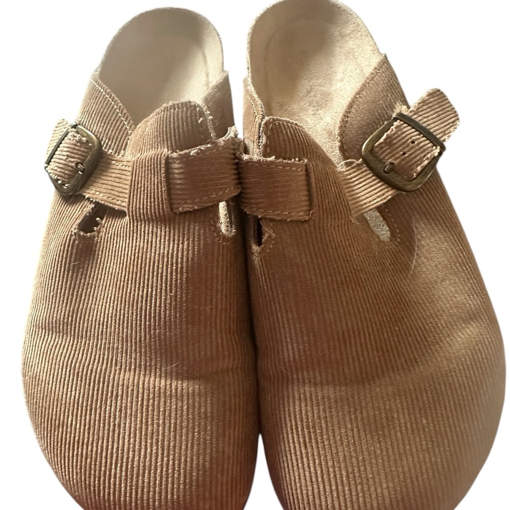 Sun + Stone Tan Loafers with Ribbed Texture and Metallic Buckle